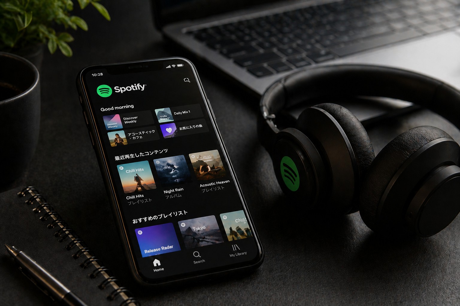 Spotifyアプリ画面とヘッドフォン